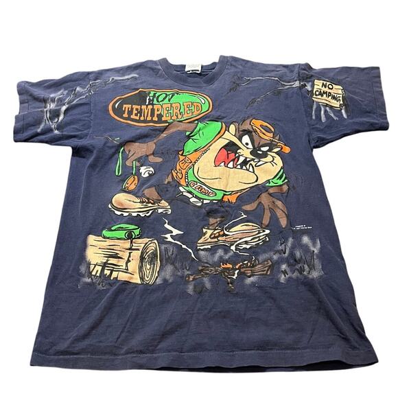 Vtg 90s Looney Tunes TAZ Tasmanian Devil Camping Hunting Hot Tempered T-shirt L - Picture 1 of 13